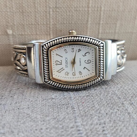 Studio Time Ladies Wristwatch Silver Tone Analog Quartz Cuff Band Wrist Watch - Picture 1 of 10